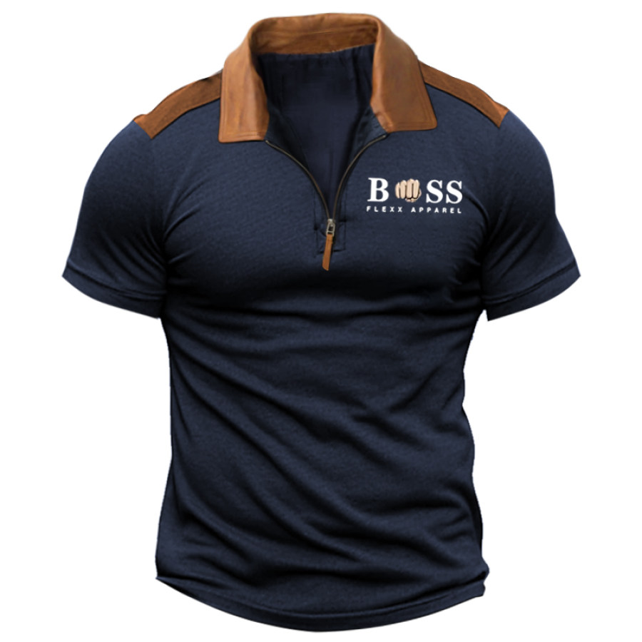 

Herren-Kurzarm-T-Shirt Mit Farbblockierung Und Reißverschluss Aus Leder Von Boss