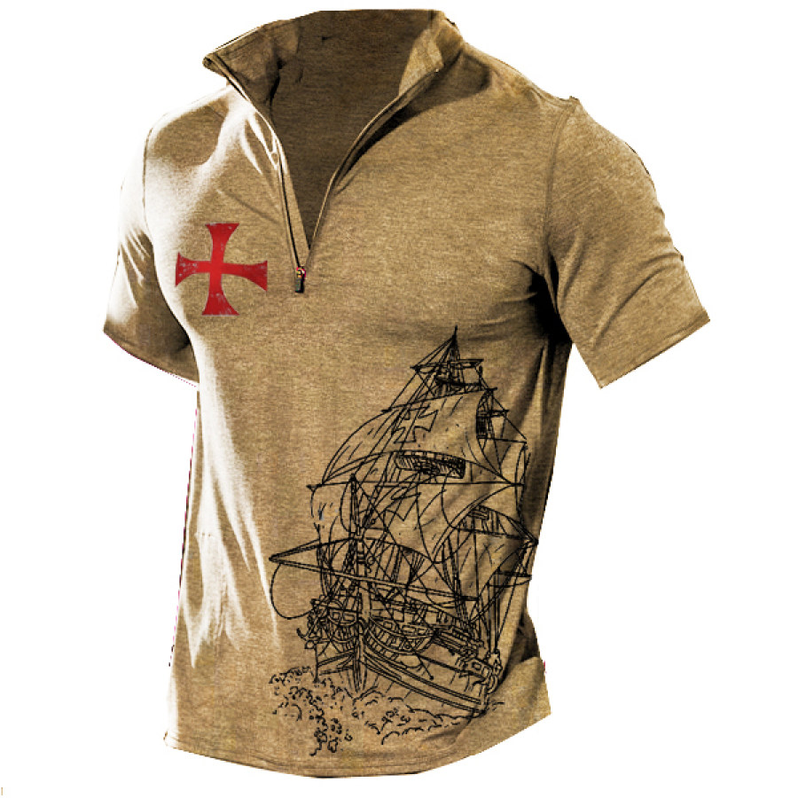 

Crusades Herren-T-Shirt Mit 1/4-Reißverschluss Und Stehkragen Lässiges Outdoor-Kurzarm-Baumwoll-T-Shirt