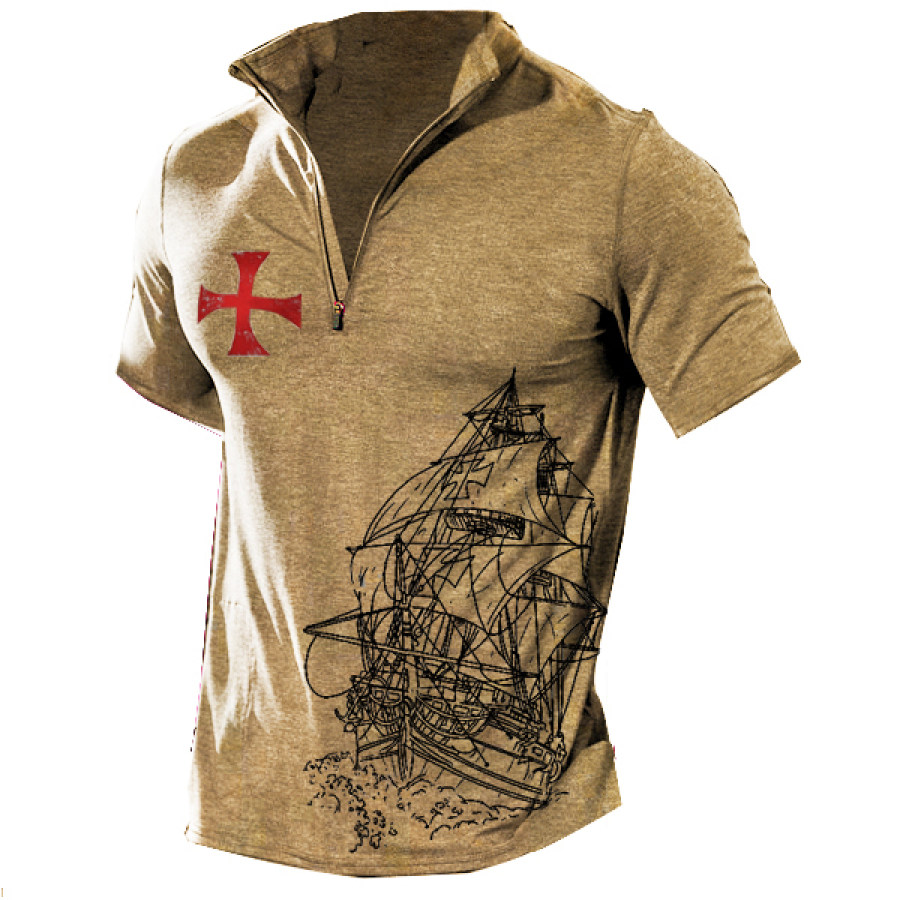 

Crusades Men's 1/4 Zipper Stand Collar T-shirt Outdoor Casual Short Sleeve Cotton-proof T-shirt