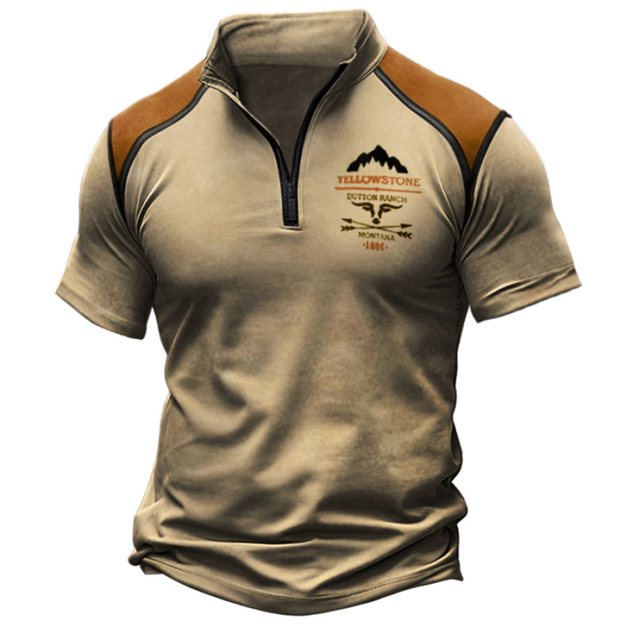 

Men's T-Shirt 1/4 Zip Vintage Yellowstone Colorblock Resort Short Sleeve Pullover