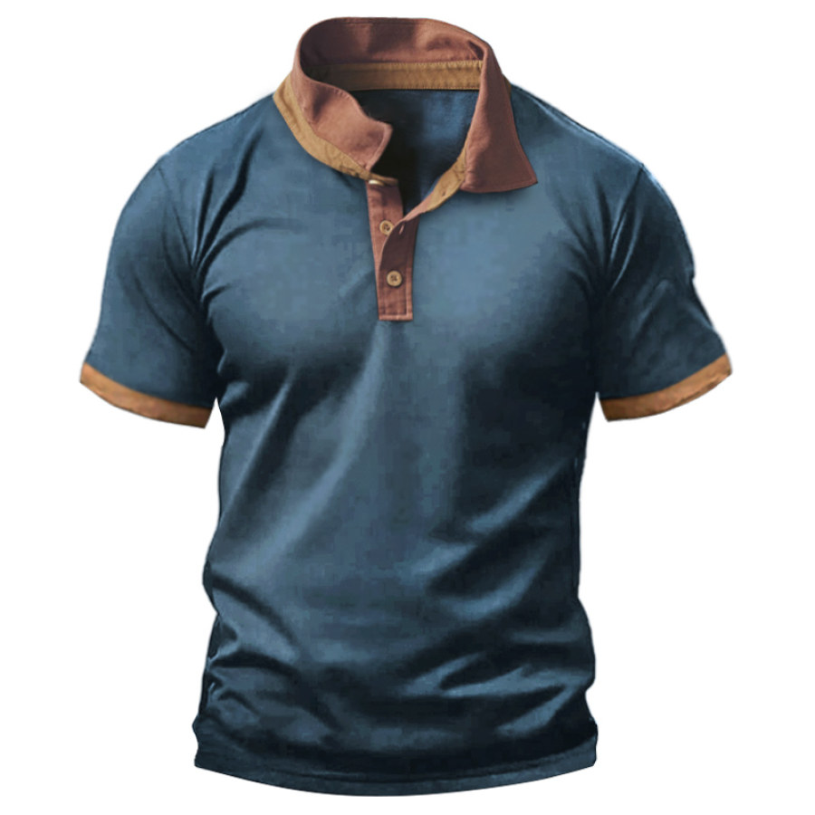 

T-shirt Rétro à Col Polo Pour Hommes Bloc De Couleurs Manches Courtes Pull De Vacances Décontracté