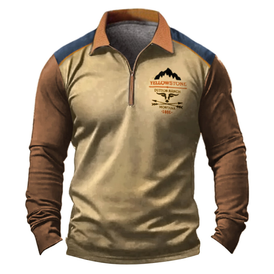 

Herren Vintage Yellowstone Langarm-T-Shirt Mit 1/4-Reißverschluss Und Colorblock-Revers