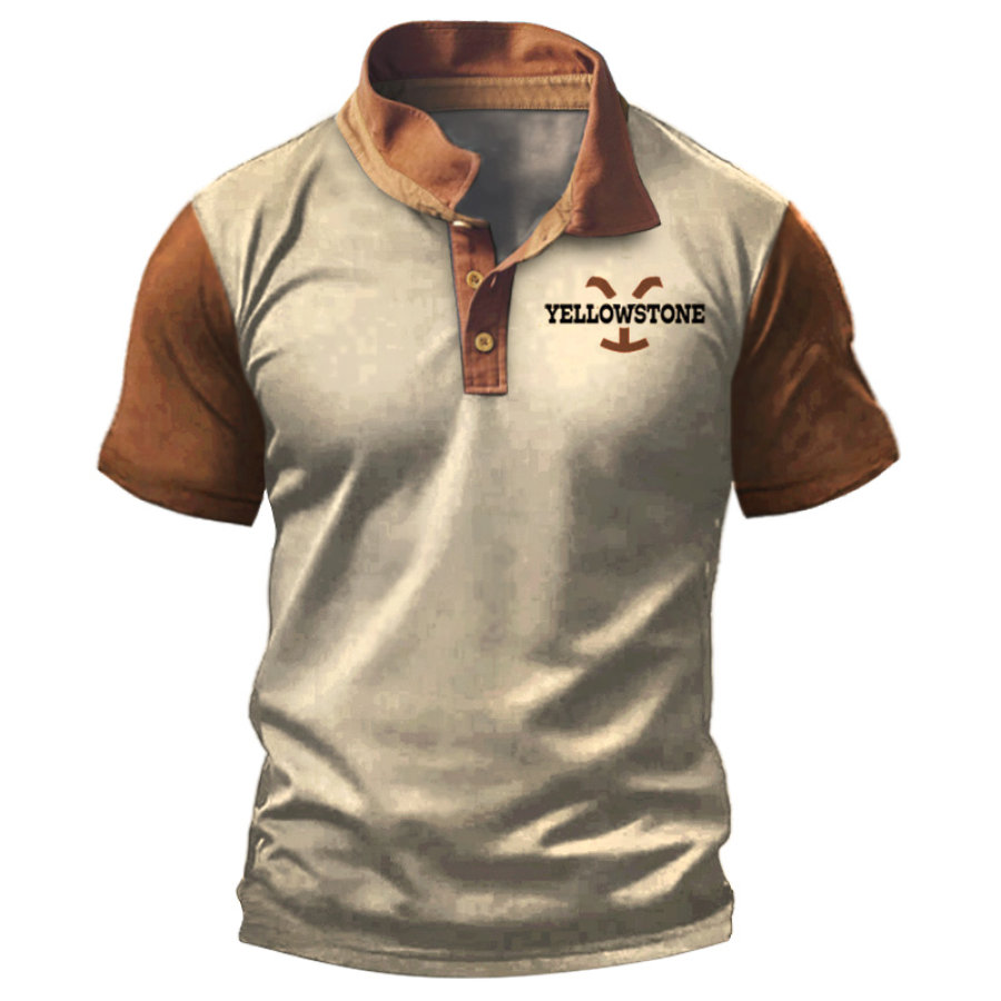 

T-shirt Rétro à Col Polo Yellowstone Pour Hommes Couleur Contrastée Manches Courtes Pull De Vacances Décontracté