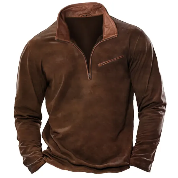 Men's T-Shirt 1/4 Zip Leather Lapel Long Sleeve Vintage Pocket Everyday Pullover - Cotosen.com
