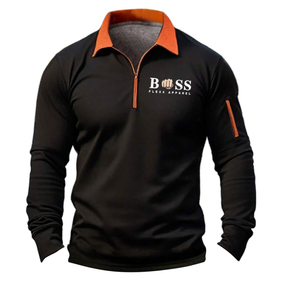 

Мужская футболка Boss с молнией и лацканами 1/4 повседневный пуловер с длинными рукавами и карманами с цветными блоками