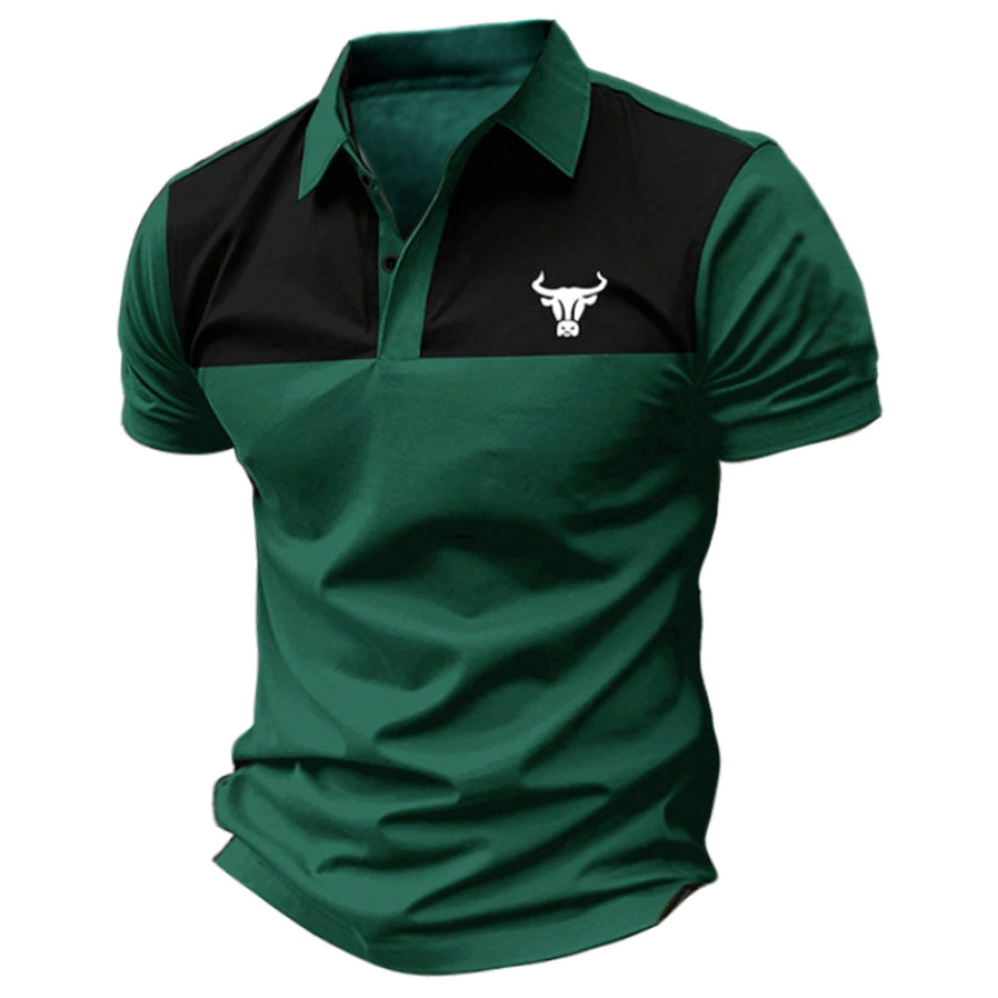 

Farbblock-Poloshirt Für Herren Mit Kuhkopf-Aufdruck Lässiges Kurzarm-T-Shirt
