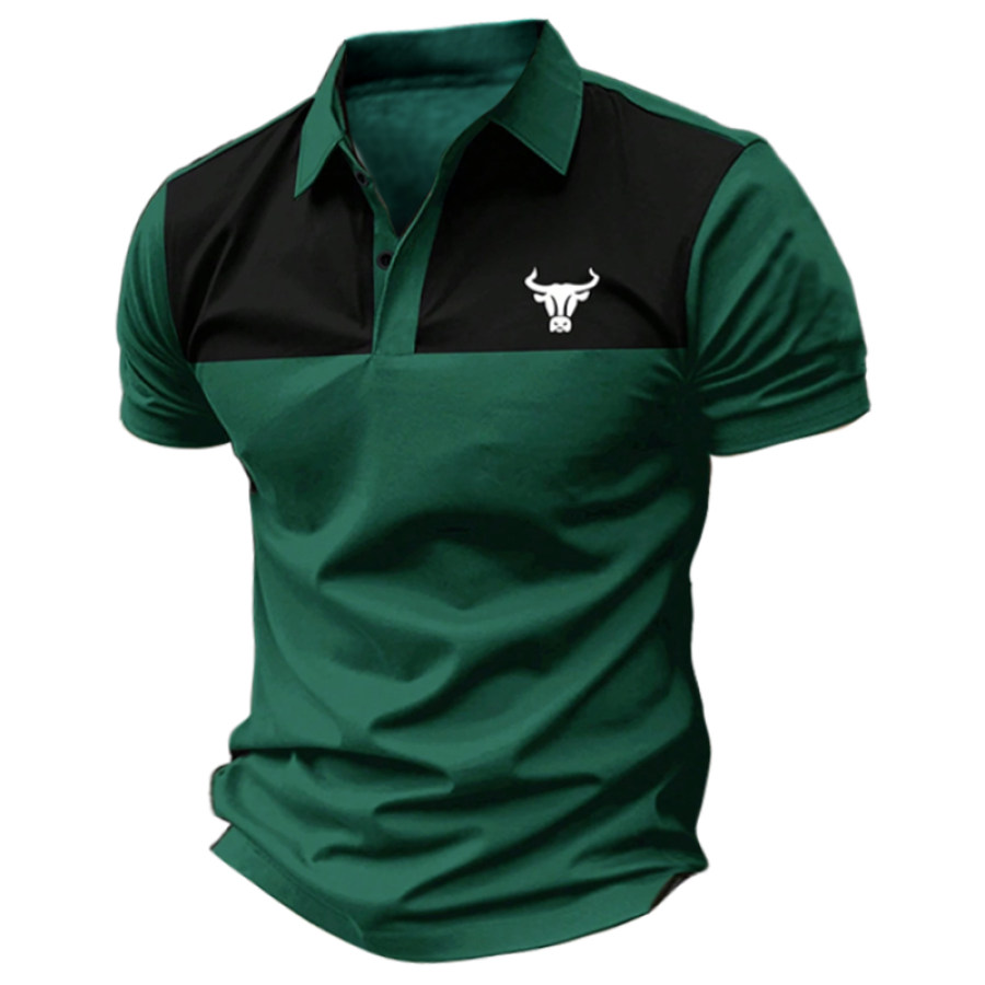 

Men's Color Block Polo Shirt With Cow Head Print Casual Short Sleeve T-Shirt