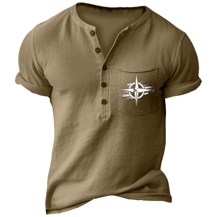 

Camiseta Con Cuello Henley Y Bolsillo Con Estampado De Viajes Al Aire Libre Con Brújula De Ancla Vintage Para Hombre