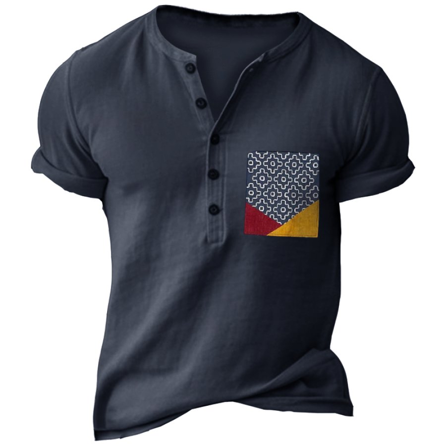 

Camiseta Retro Con Cuello Henley Y Bolsillo Con Estampado étnico Para Hombre