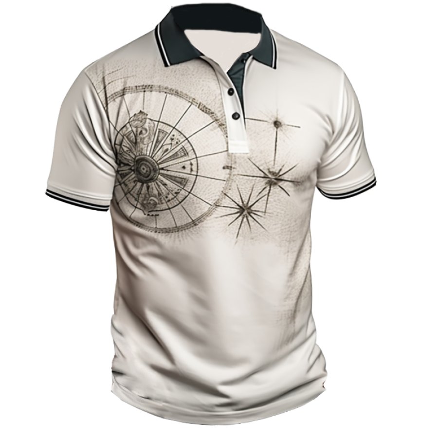 

Men's Retro Color Block Compass Anchor Outdoor Travel Casual Golf POLO