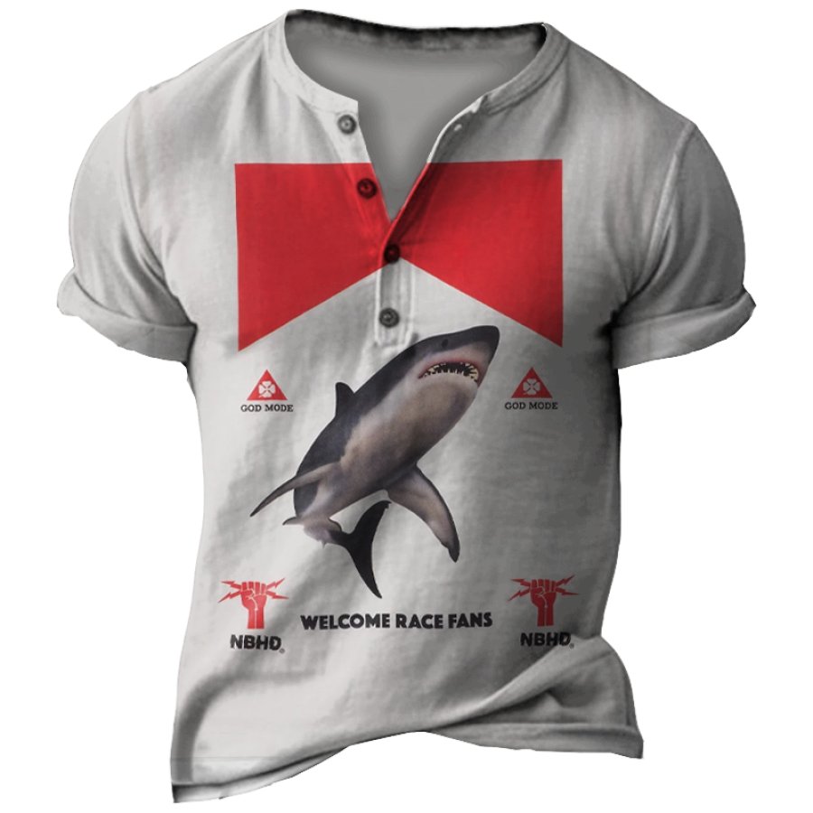 

Men's Vintage Marlboro Ocean Beach Whale Print Henley Neck T-Shirt
