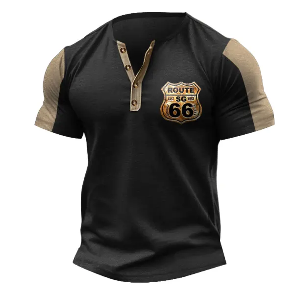 Men's Route 66 T-Shirt Henley Color Block Outdoor Short Sleeve Summer Daily Tops