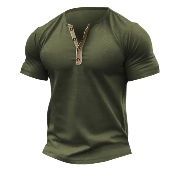Men's T-Shirt Henley Color Block Outdoor Short Sleeve Summer Daily Tops - Cotosen.com