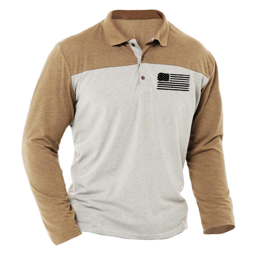 

T-Shirt Homme Polo Drapeau Américain Manches Longues Vintage Extérieur Bloc De Couleur Hauts Quotidiens