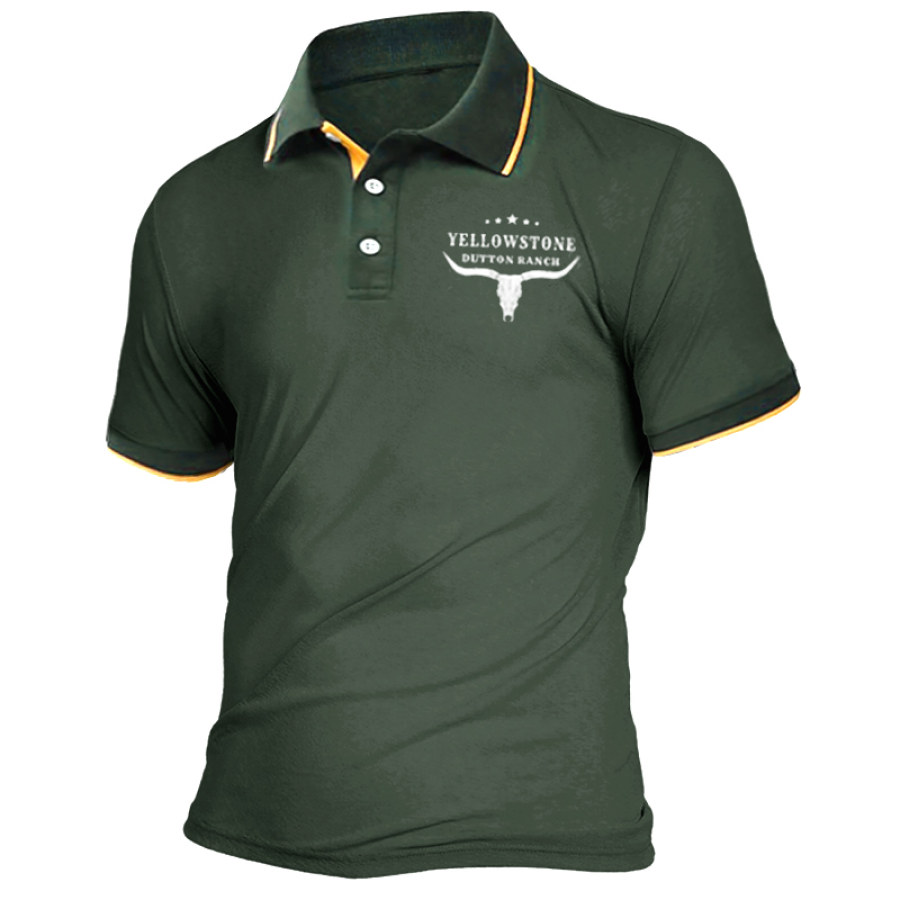 

Polo Imprimé Yellowstone Pour Hommes T-shirt Décontracté à Manches Courtes Avec Bordure Décorative Contrastée
