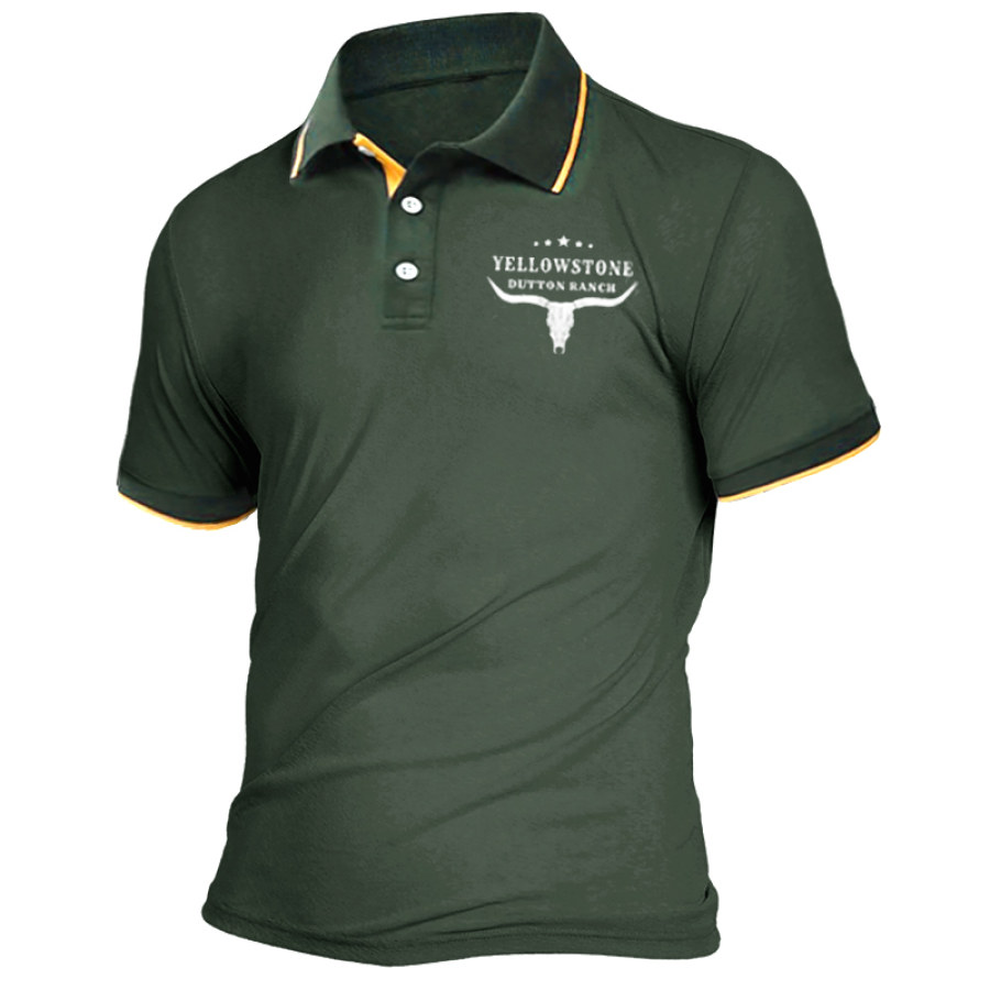 

Herren-Poloshirt Mit Yellowstone-Print Lässiges Kurzärmliges T-Shirt Mit Kontrast Und Dekorativem Besatz
