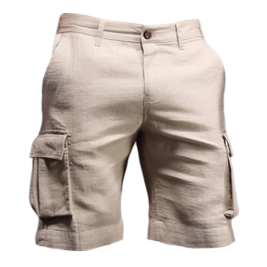 

Pantalones Cortos De Algodón Y Lino Para Hombre Bolsillo De Verano Color Sólido Cómodo Transpirable Al Aire Libre Casual Caqui