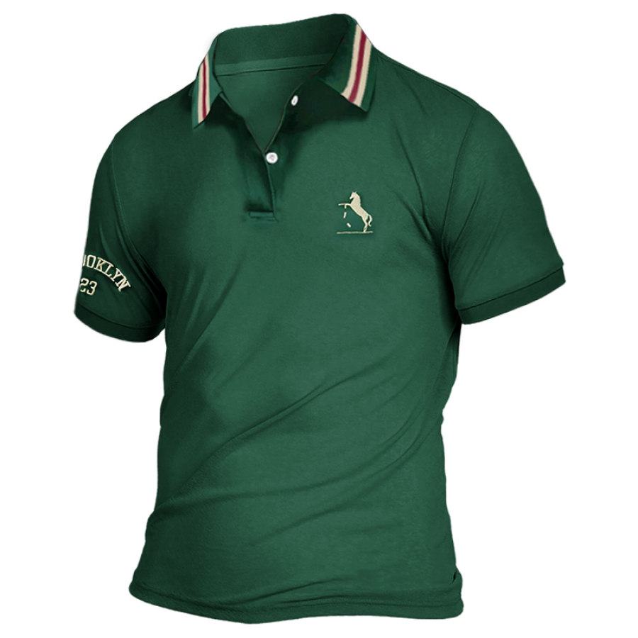

Herren Casual Business Poloshirt Mit Streifen Und Buchstabendruck Kurzärmelig