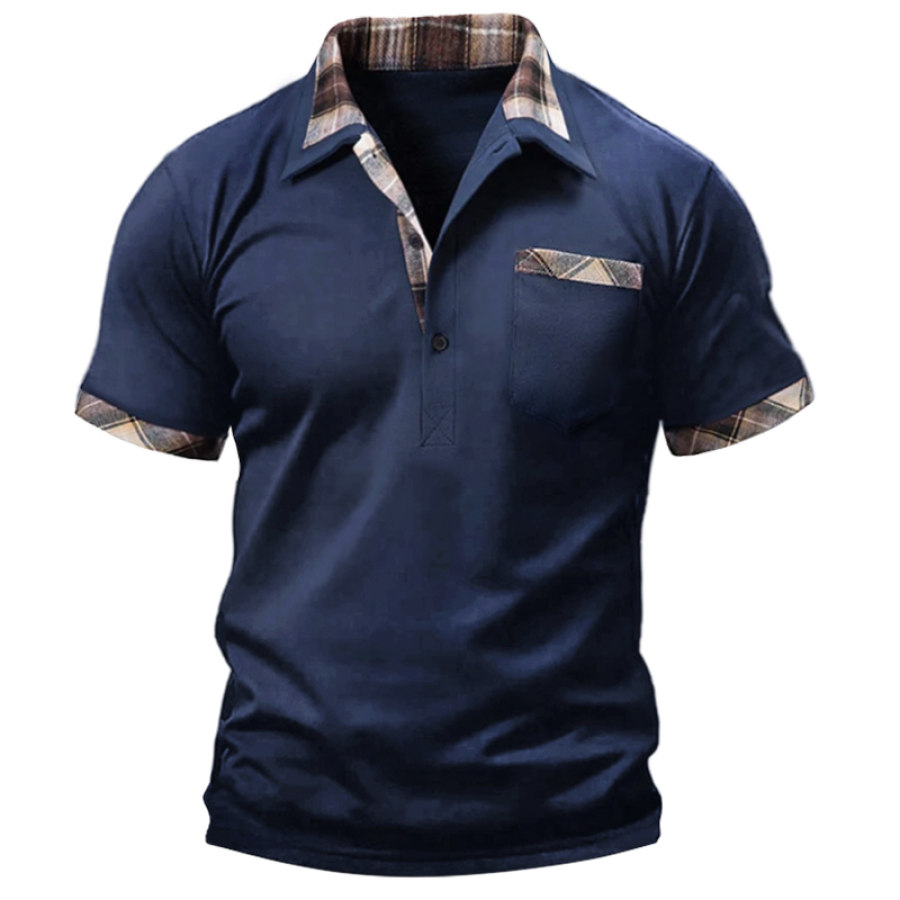 

Camisa POLO Para Hombre Camiseta De Manga Corta Con Bolsillo Informal Empalmada A Cuadros