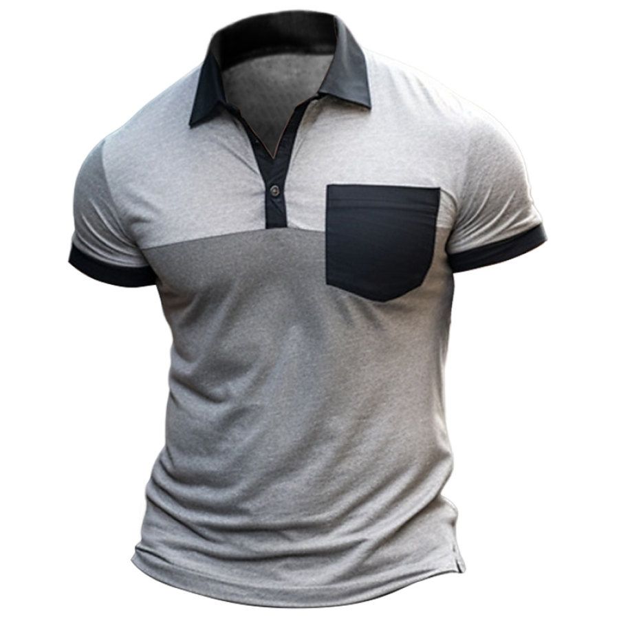 

Camiseta De Verano Con Bolsillo De Parche Y Bloques De Color De Manga Corta Con Solapa Deportiva Informal Con Botones Para Hombre