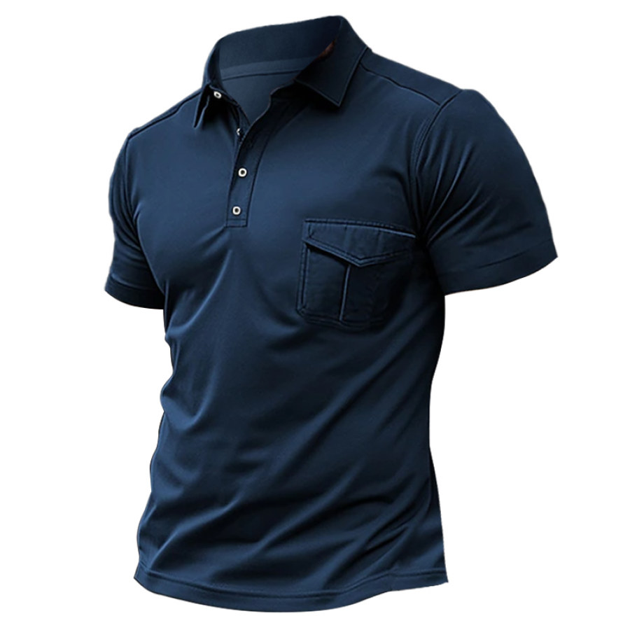 

Polo Boutonné Pour Hommes Chemise De Golf Travail Décontracté Revers Manches Courtes Solide Poche Avant T-Shirt D'été