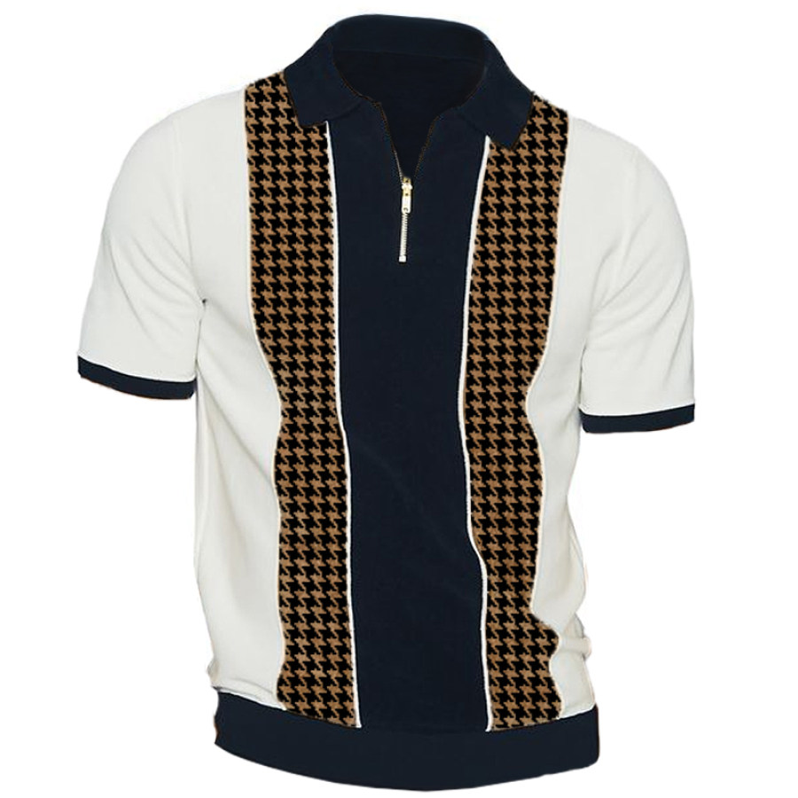 

Lässiges Herren-Poloshirt Mit Hahnentritt-Streifen Patchwork-Farbdesign Und Reißverschluss