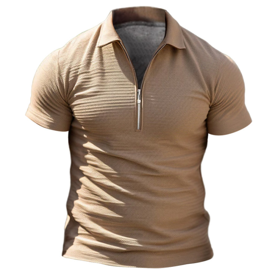 

Polo à Manches Courtes Pour Hommes Fermeture éclair 1/4 Décontracté Vacances Revers Mode Couleur Unie T-Shirt D'été