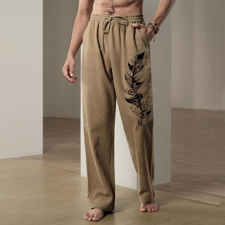 

Pantalones Hawaianos De Lino Diarios Informales Con Cordón Y Bolsillo Para Vacaciones En La Playa Con Estampado De Plumas Para Hombre