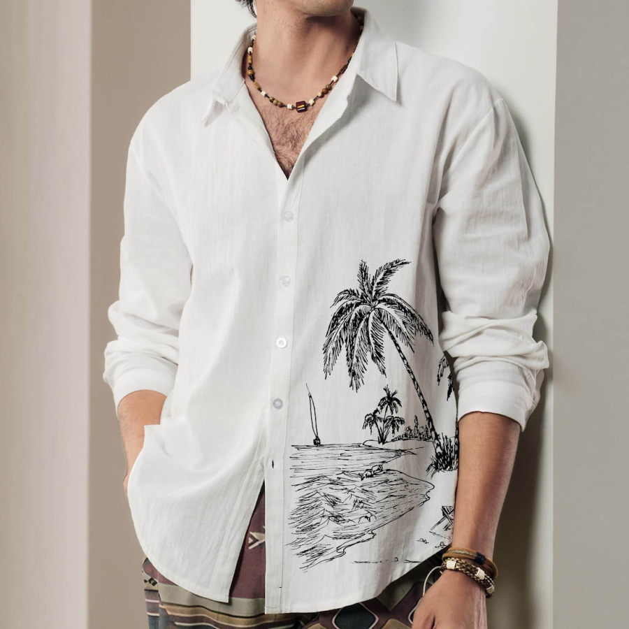 

Мужская повседневная льняная рубашка с принтом кокосовой пальмы для пляжного отдыха и длинным рукавом