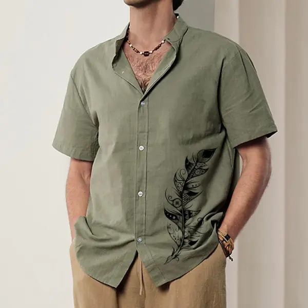 Men's Feather Print Beach Vacation Hawaiian Short Sleeve Casual Daily Linen Shirt - Cotosen.com