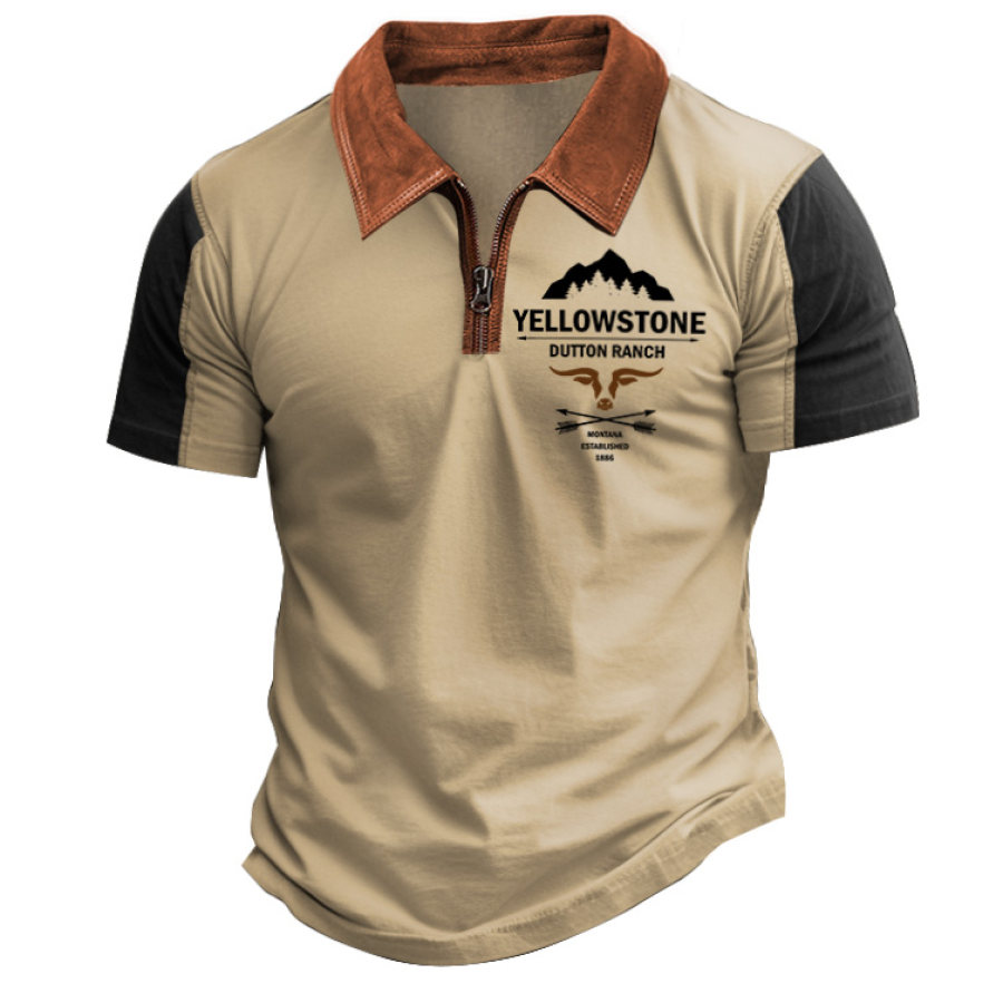 

Herren-T-Shirt Mit Reißverschluss Polo Yellowstone Gespleißtes Leder Vintage Outdoor Farbblock Kurzärmelig Sommer- Und Alltagsoberteile