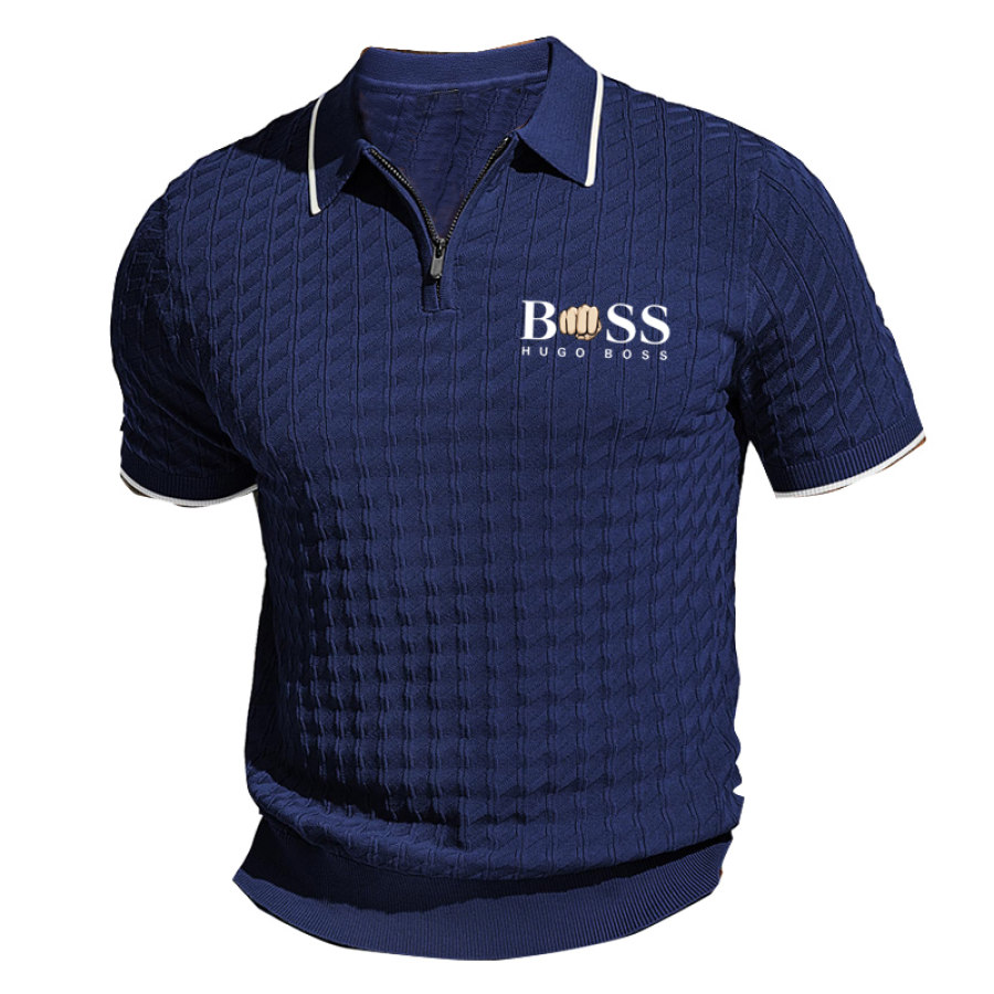 

Herren-Poloshirt Aus Strick Von Boss Kurzärmlig Mit Viertelreißverschluss Waffelmuster Business-Casual-T-Shirt Für Den Alltag