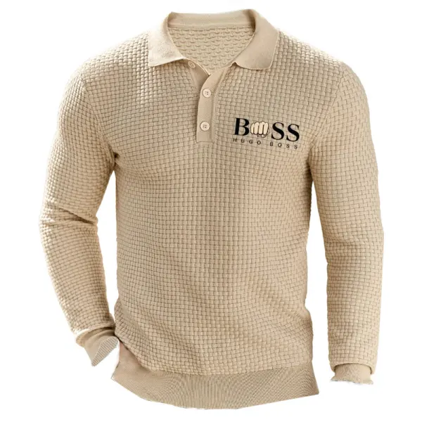 Men's Knit Polo Shirts Long Sleeve Waffle Top Polo Lightweight Fashion Retro Business Casual Daily Tee - Cotosen.com