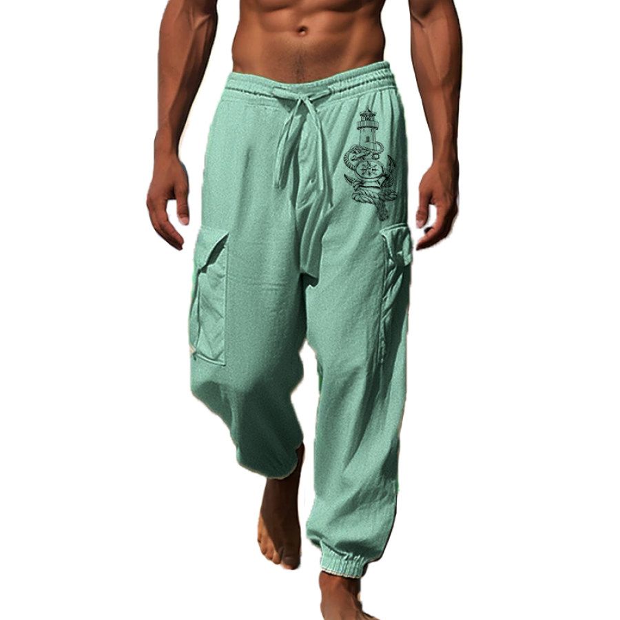 

Men's Linen Casual Hawaiian Resort Style Bedrucken Drawstring Trousers
