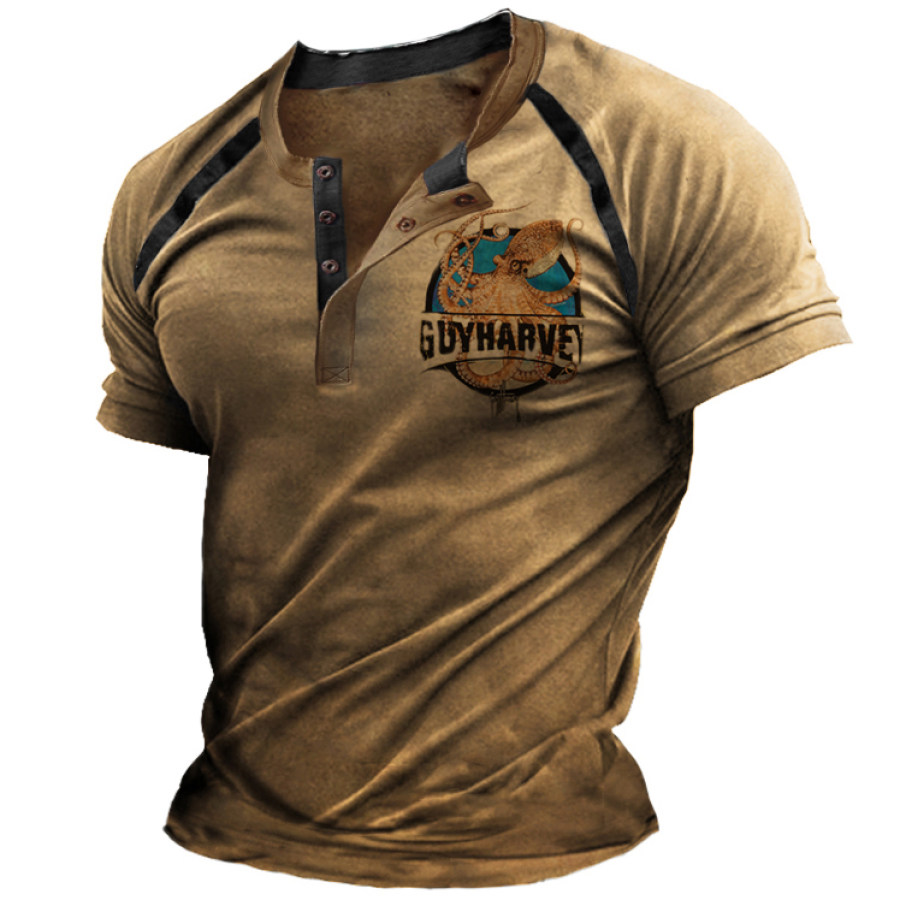 

Herren-T-Shirt Mit Henley-Kragen Kontrastierendem Yellowstone-Stil Bedruckt Outdoor-Patchwork-T-Shirt