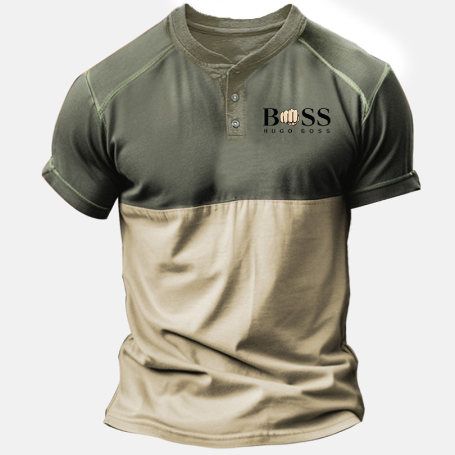 

Men's Henry Collar Patchwork Contrast Color Outdoor T-Shirt