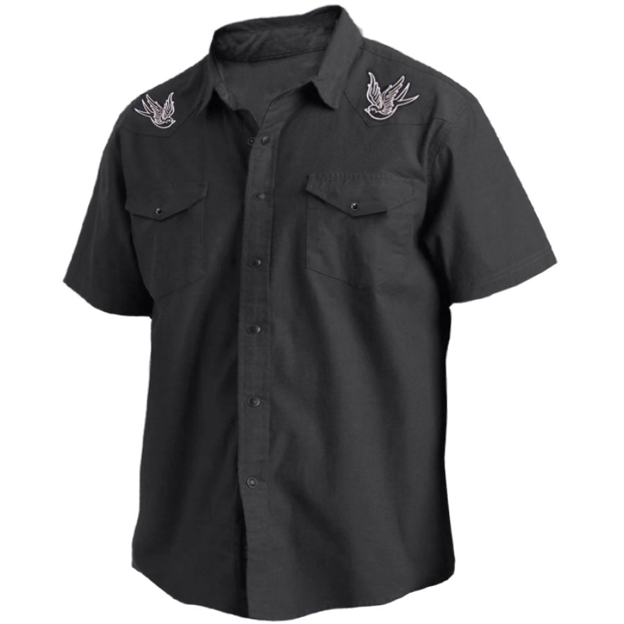 

Men's Vintage Embroidered Pocket Western Work Shirt Hawaiian Vacation Surf Beach Shirt