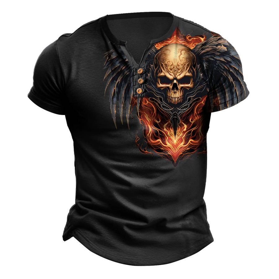 

Herren T-Shirt Henley Vintage Winged Flaming Skull Biker Print Outdoor Kurzarm Sommer Alltag Tops