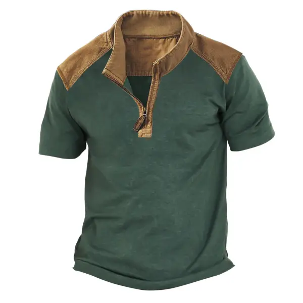 Men's T-Shirt Quarter Zip Stand Collar Color Block Vintage Short Sleeve Summer Daily Tops - Cotosen.com