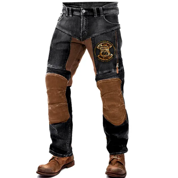 Men's Route 66 Motorcycle Pants Outdoor Vintage Yellowstone Washed Cotton Washed Zippered Pocket Trousers - Blaroken.com 