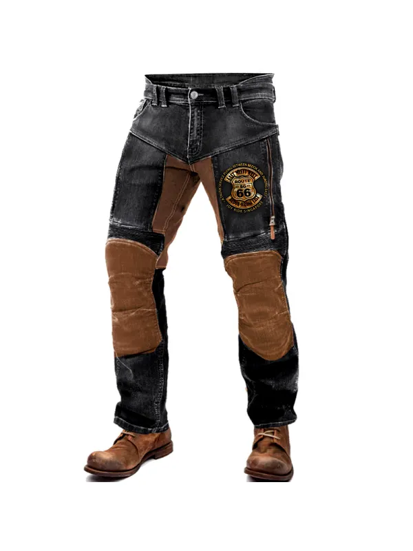 Men's Route 66 Motorcycle Pants Outdoor Vintage Yellowstone Washed Cotton Washed Zippered Pocket Trousers - Ootdmw.com 