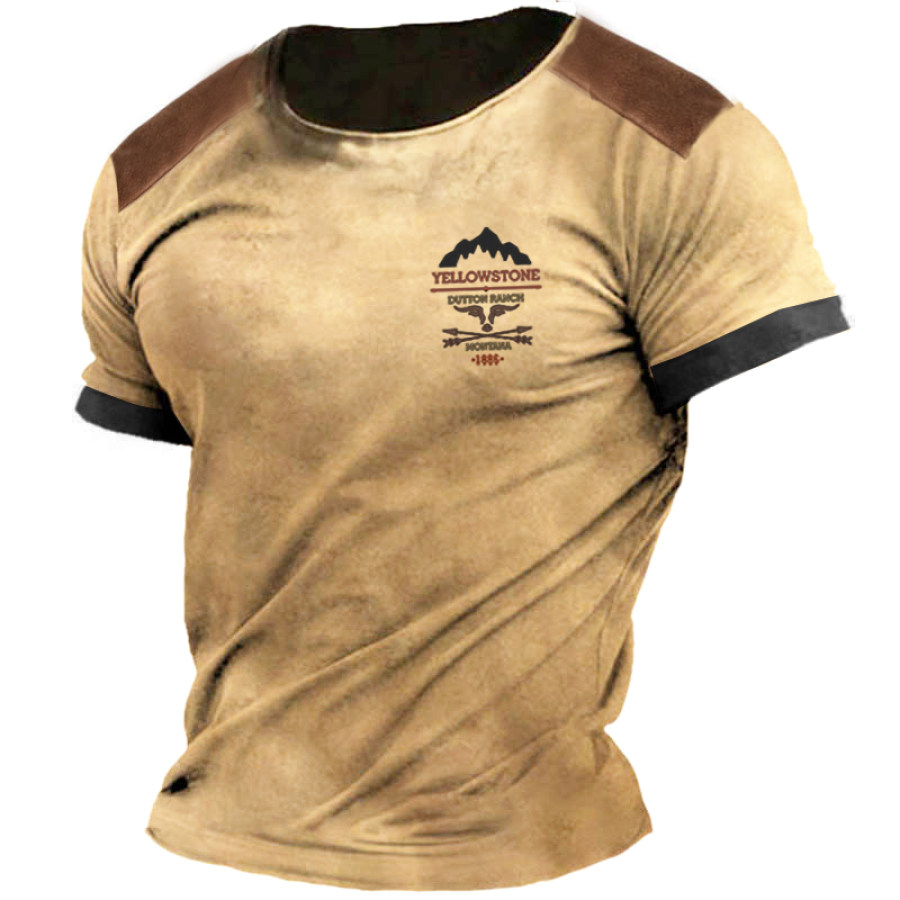 

T-shirt Pour Hommes Rétro Yellowstone Style National été à Manches Courtes Couleur Assortie Col Rond T-shirt