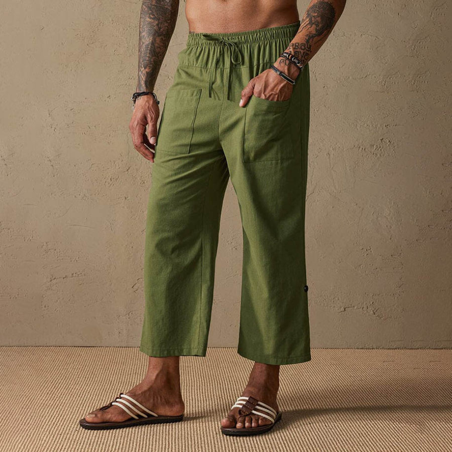 

Pantalones Capri Hawaianos Diarios Informales Con Cordón Y Bolsillo Para Vacaciones En La Playa De Algodón Y Lino Para Hombre