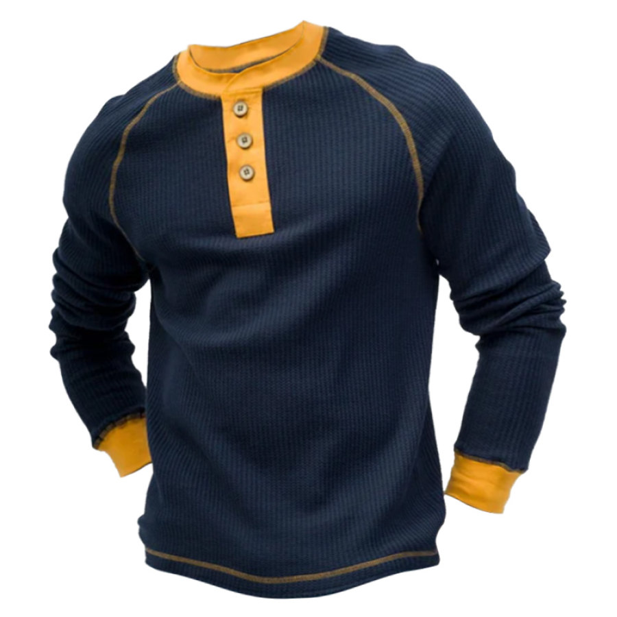 

Мужская вафельная футболка Henley с цветными блоками и длинным рукавом повседневный пуловер