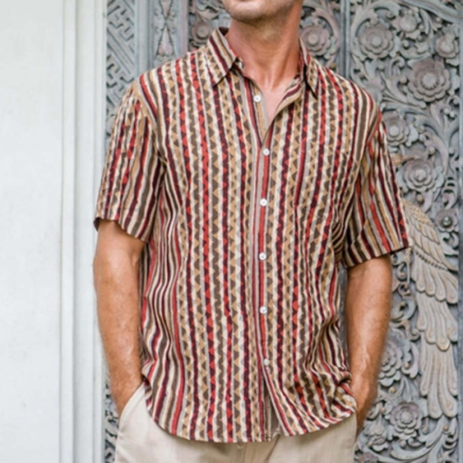 

Herren-Kurzarmshirt Mit Blockdruck „Traditionelle Streifen“