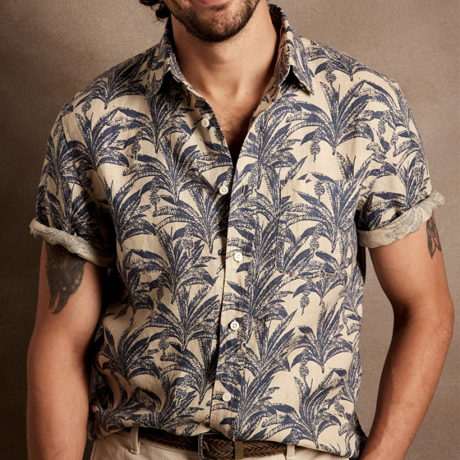 

Men's Palm Leaf Bedrucken Short Sleeve Classic Cotton Linen