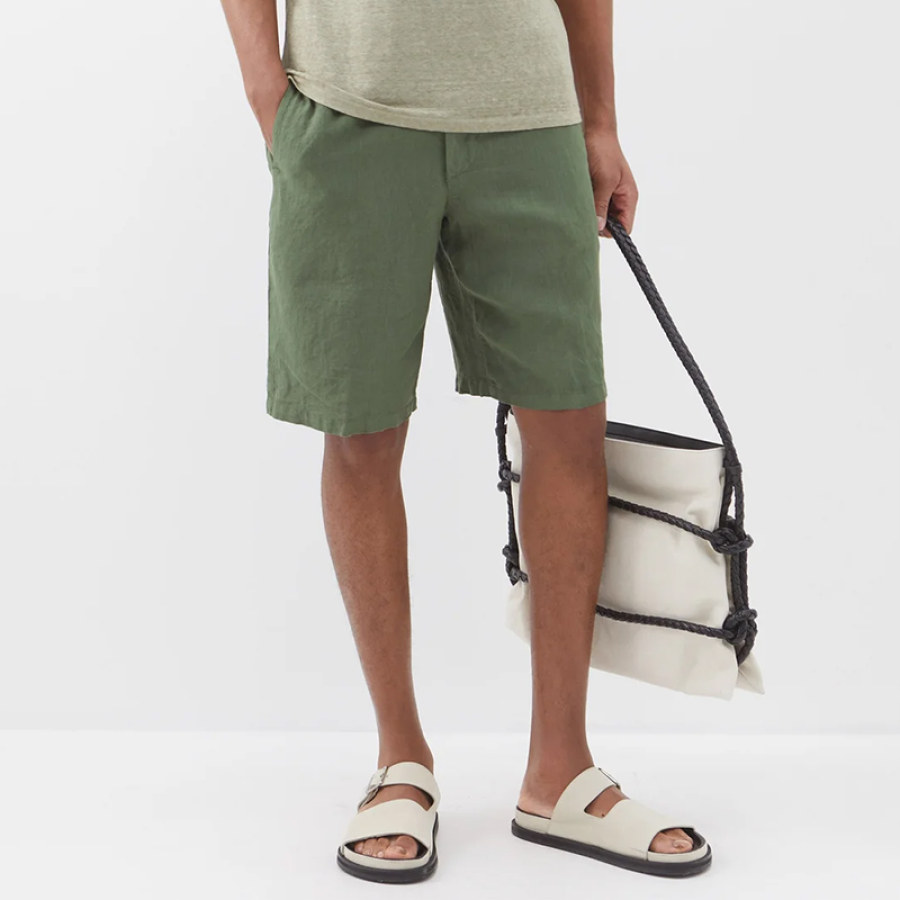 

Herren-Shorts Aus Baumwolle Und Leinen Lässige Resort-Strandshorts Grün