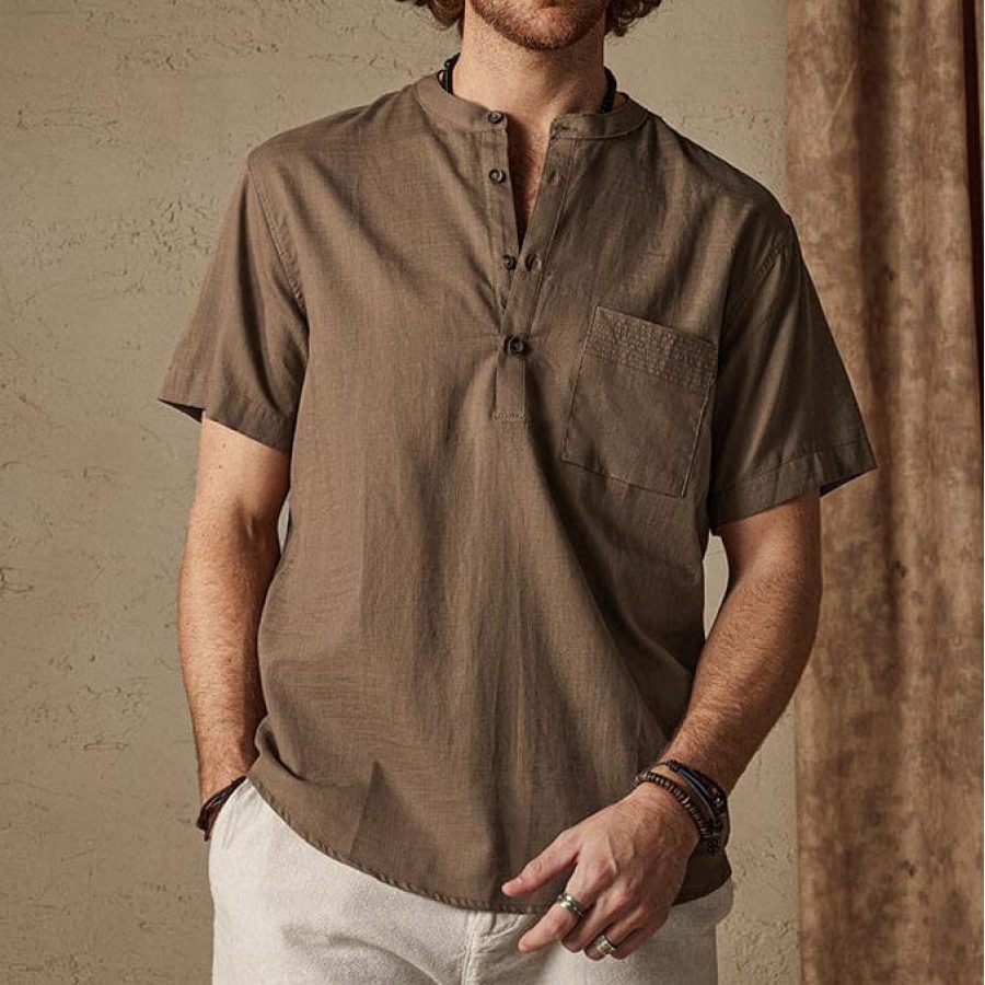 

Men's Cotton Linen Shirt Henley Pocket Beach Vacation Hawaiian Short Sleeve Casual Daily Tops
