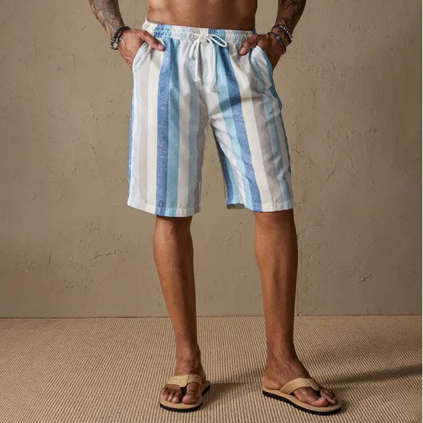 Men's Cotton Linen Shorts Striped Drawstring Beach Vacation Casual Daily - Ootdyouth.com 