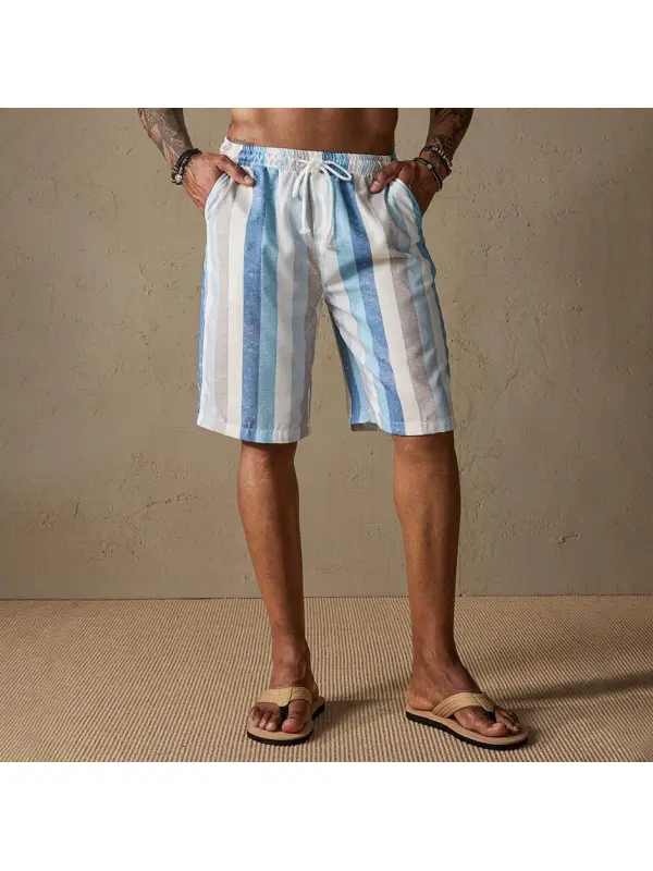 Men's Cotton Linen Shorts Striped Drawstring Beach Vacation Casual Daily - Ootdmw.com 